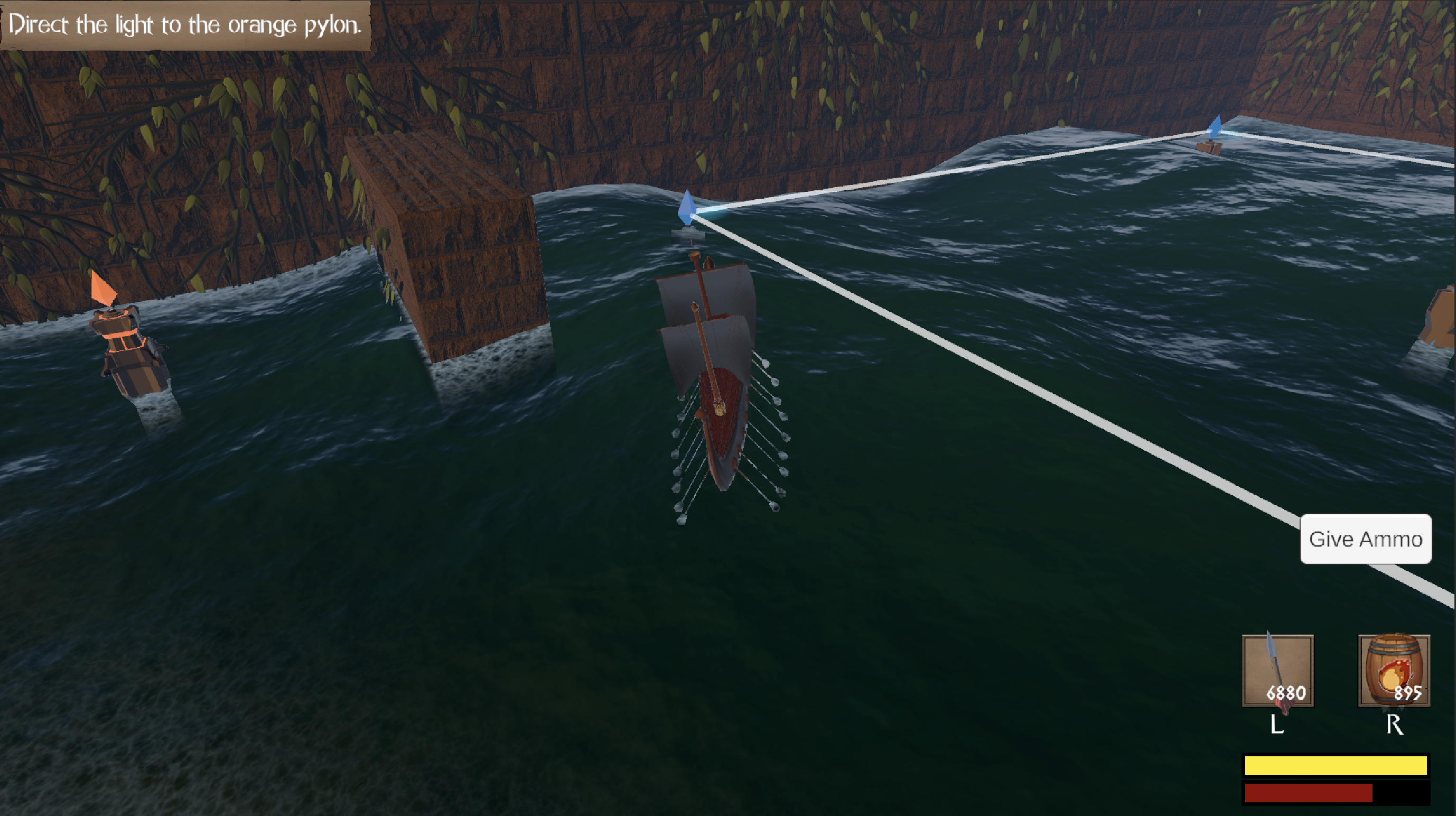Light beam redirected between puzzle nodes